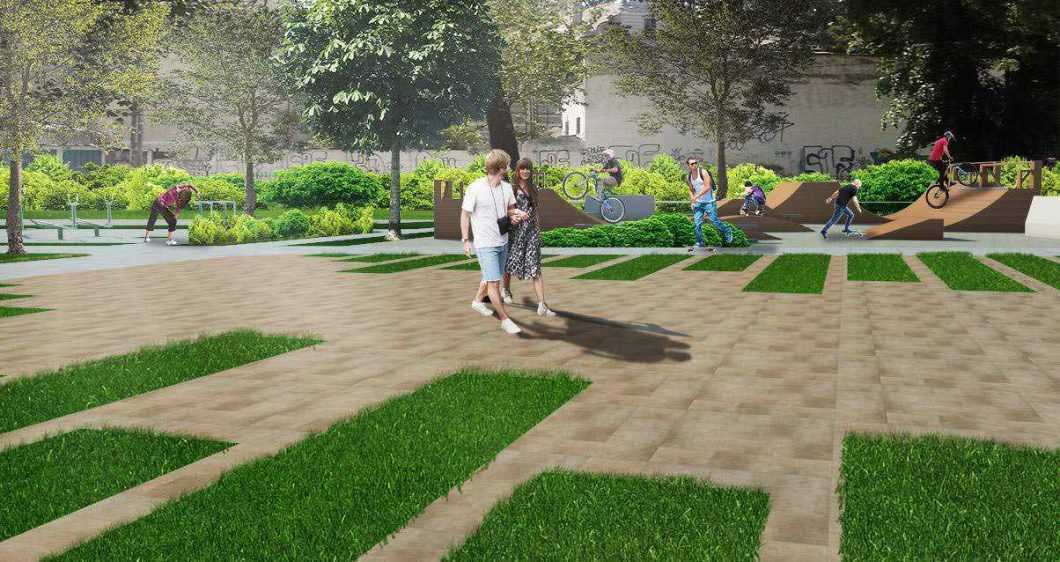 Propunere de amenjare a unui parc făcută de arhitectul Daniel Vasiliu, în care zonele pavate se îmbină cu spațiul verde